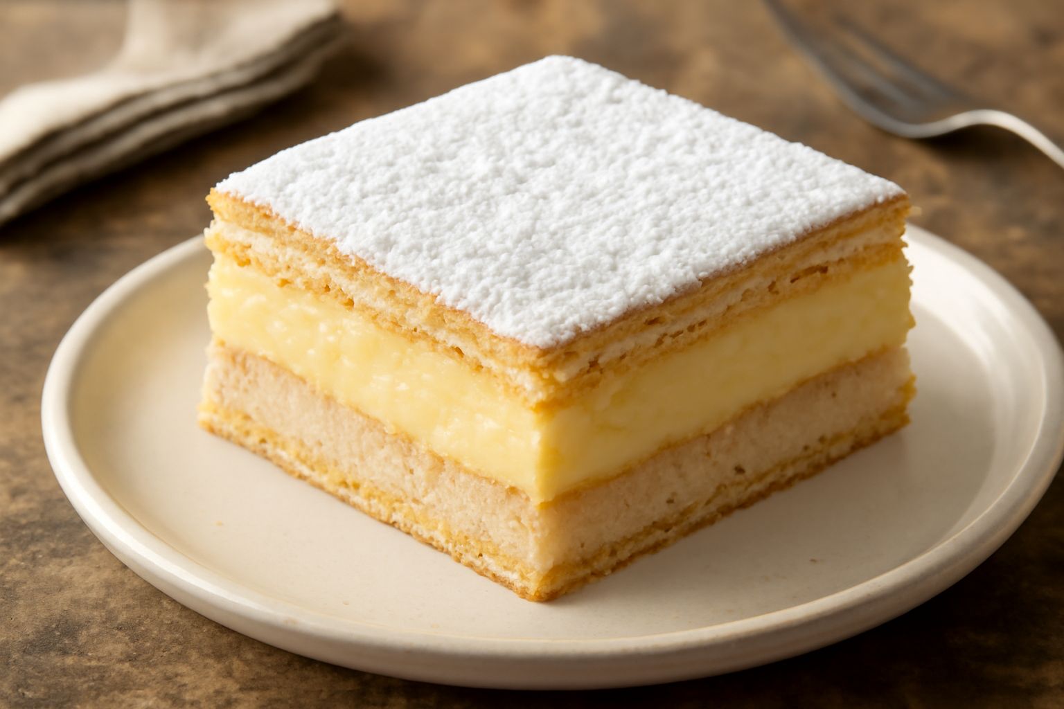 Diplomatico affettato su piatto bianco: si vedono gli strati di crema gialla, i biscotti savoiardi morbidi, la guarnizione di frutta candita arancione e i pistacchio macinato in alto, con il contorno 