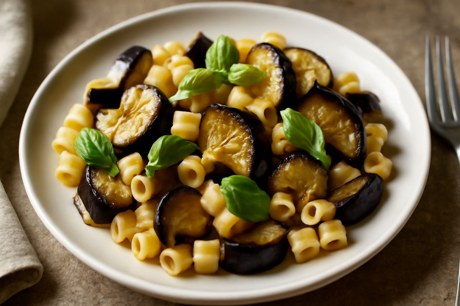Piatto di ditali con melanzane bruni e viola, conditi con olio verde, basilico fresco, pomodorini rossi e parmigiano grattato, in una ciotola bianca su tavolo di legno