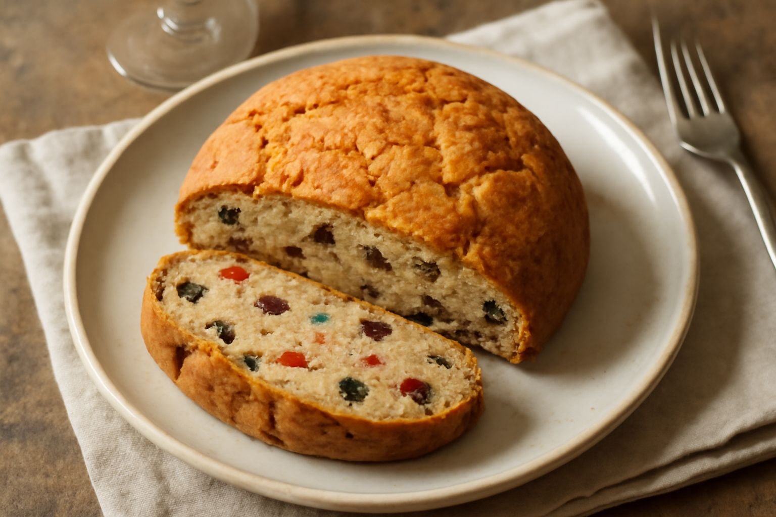 Dolce della Madonna affettato su piatto bianco, superficie dorata e croccante, frutta candita visibile nei tagli, accompagnato da caffè nero in tazza