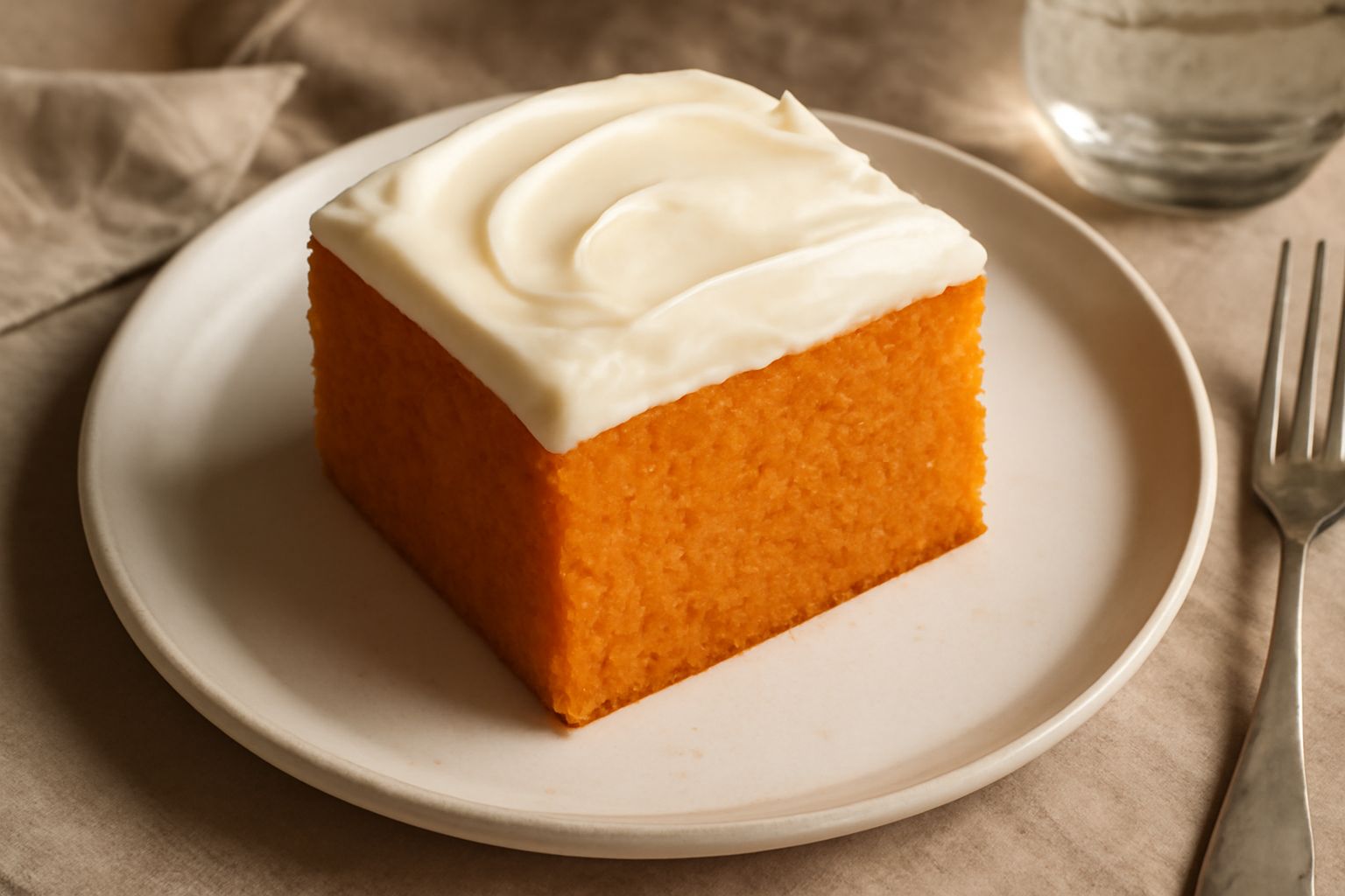 Una fetta di dolce di carote color arancione chiaro su un piatto bianco, con superficie cremosa leggermente lucida e una guarnizione di carota candita e pistacchio tritato