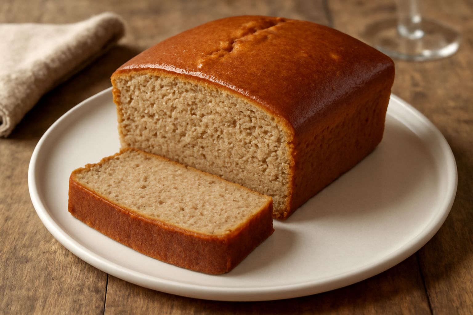 Dolce di farina di noci affettato su un piatto bianco, con crumb morbido e dorato, noci intere tostate sparse intorno e una tazza di tè sfocata sullo sfondo