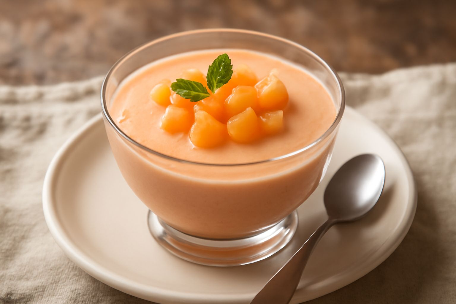 Coppetta di vetro trasparente con crema di melone color rosa-arancio, decorata con scaglie di melone crudo e menta fresca verde, servita su piatto bianco con cucchiaio di argento