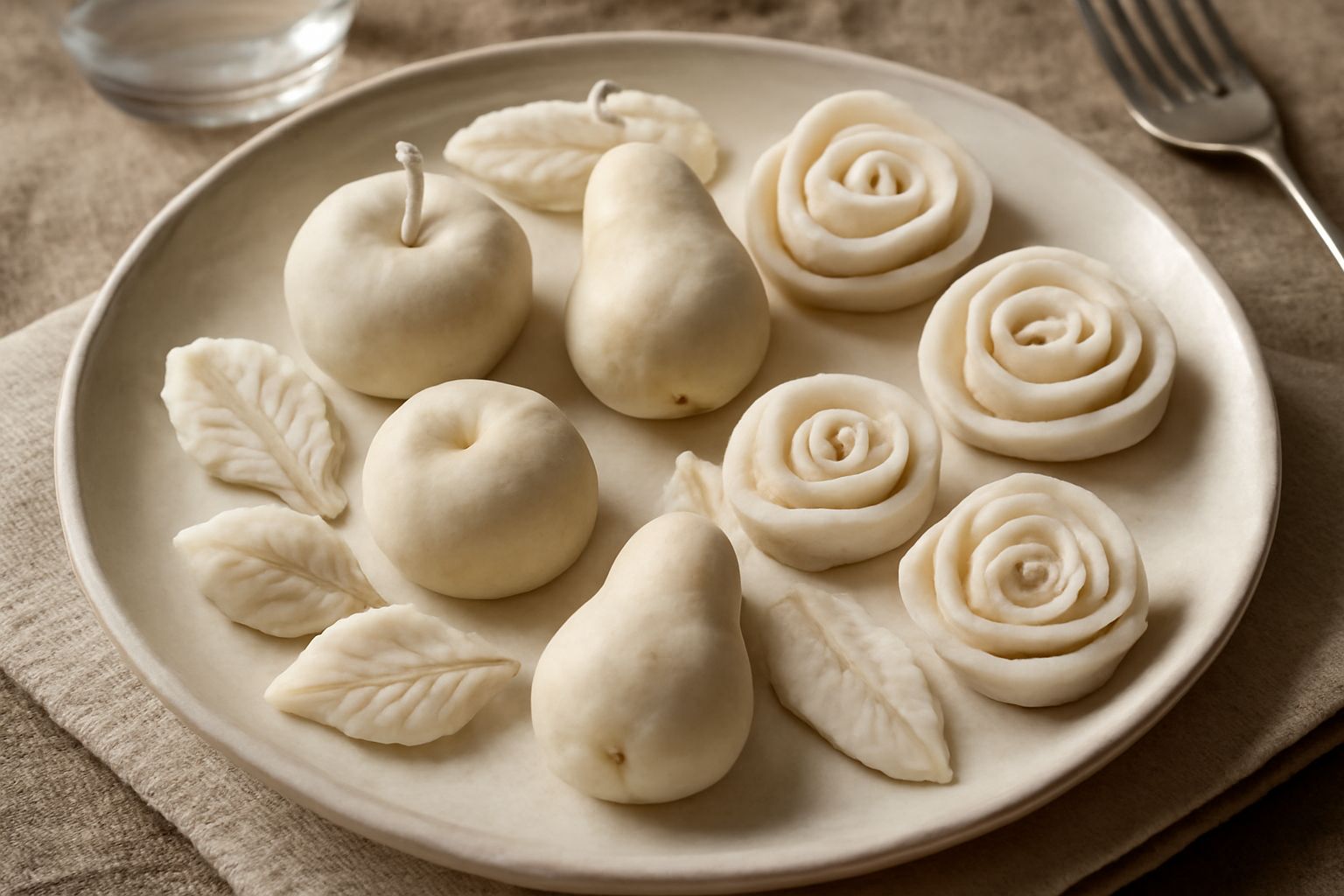 Pasta reale liscia di colore bianco avorio, accanto a un albume d'uovo in una ciotola e mandorle sbucciate, con un cucchiaio di legno e una spatoletta da pasticceria su un piano di marmo bianco