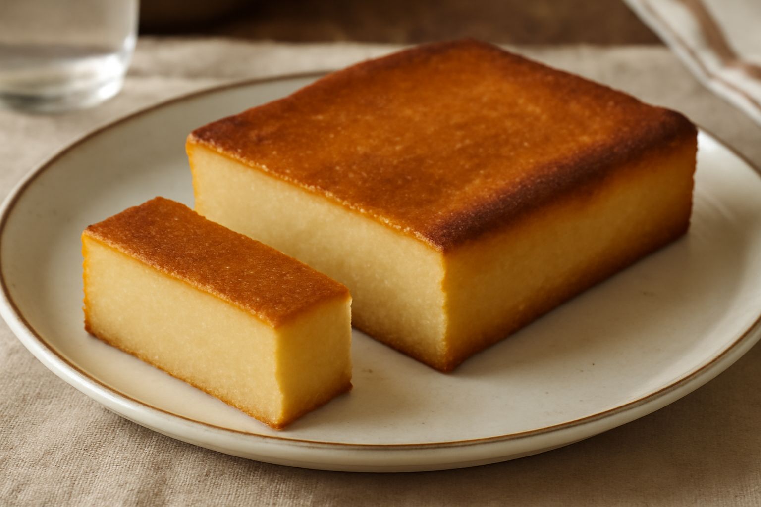 Dolce di patate affettato su un piatto bianco, con crosta dorata, interno beige chiaro compatto, servito con una tazza di caffè in sottofondo