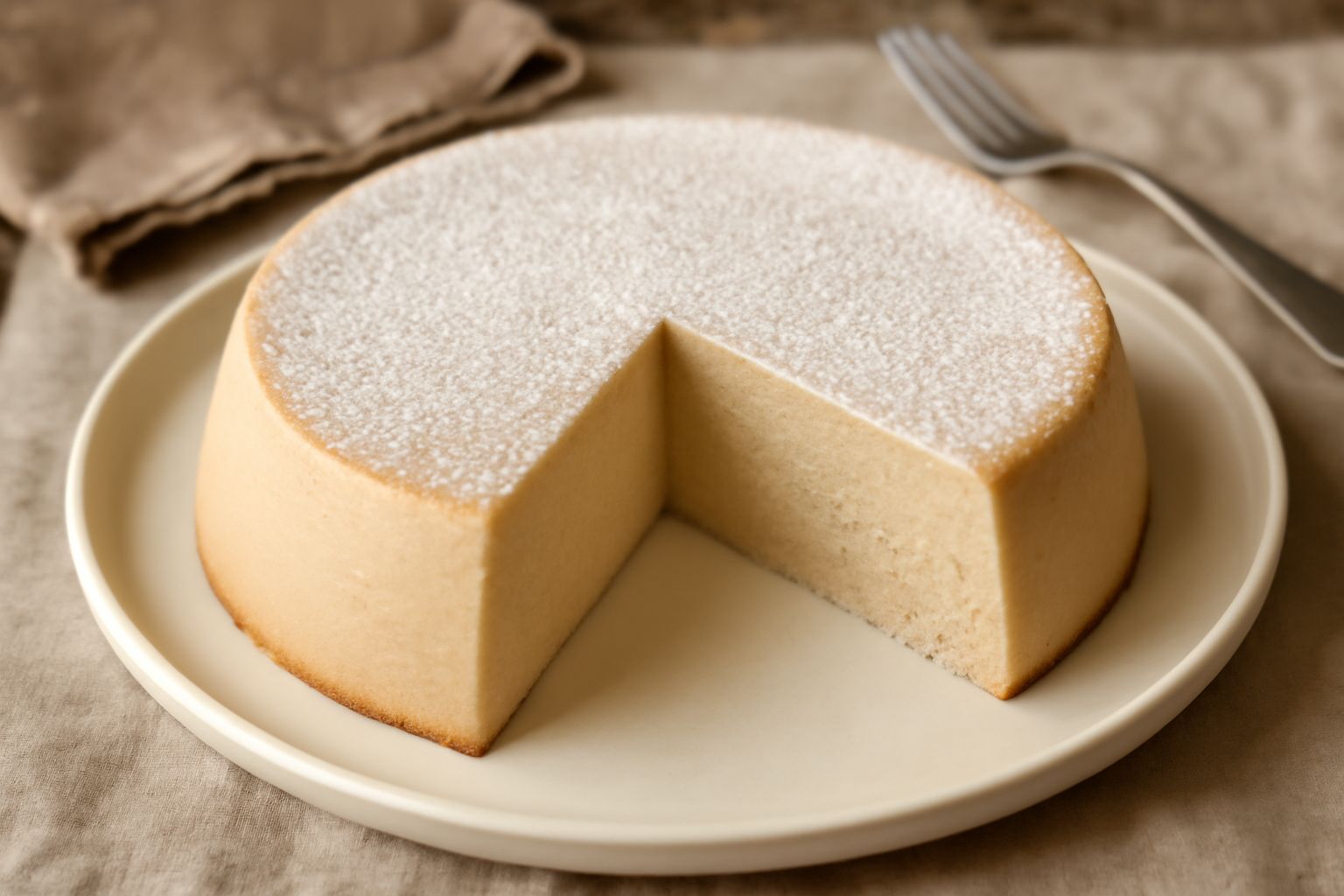 Dolce di ricotta in piatto bianco, superficie liscia e beige con sfumature dorate, guarnito con scorza di limone candita, fondo di glassa leggera, torta intera in porzionatore di vetro alle spalle