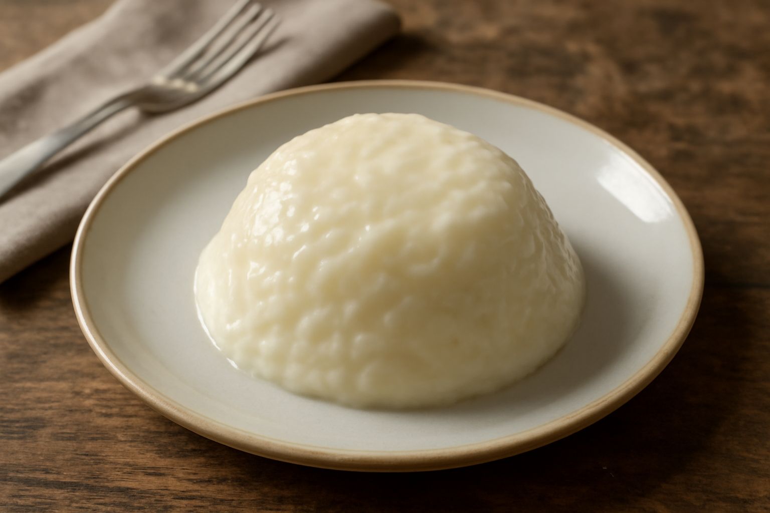 Dolce di riso cremoso di colore bianco avorio servito in una ciotola di ceramica bianca, guarnito con cannella in polvere e una spruzzata di zucchero, con un cucchiaio di legno appoggiato accanto