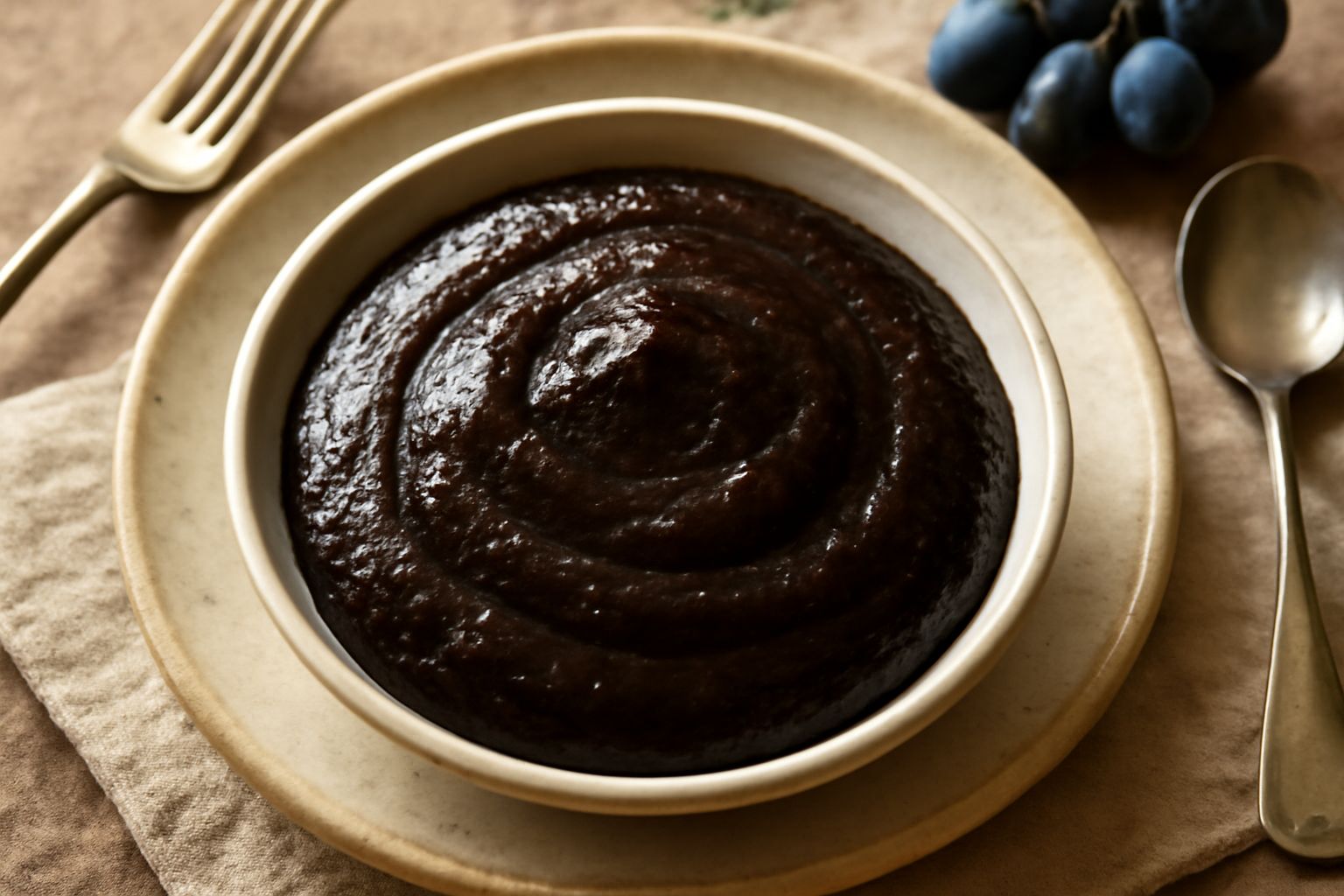 Dolce d'uva denso e brunastro in una ciotola di ceramica, con la consistenza di marmellata densa, accanto a chicchi d'uva rossa e un cucchiaio di legno