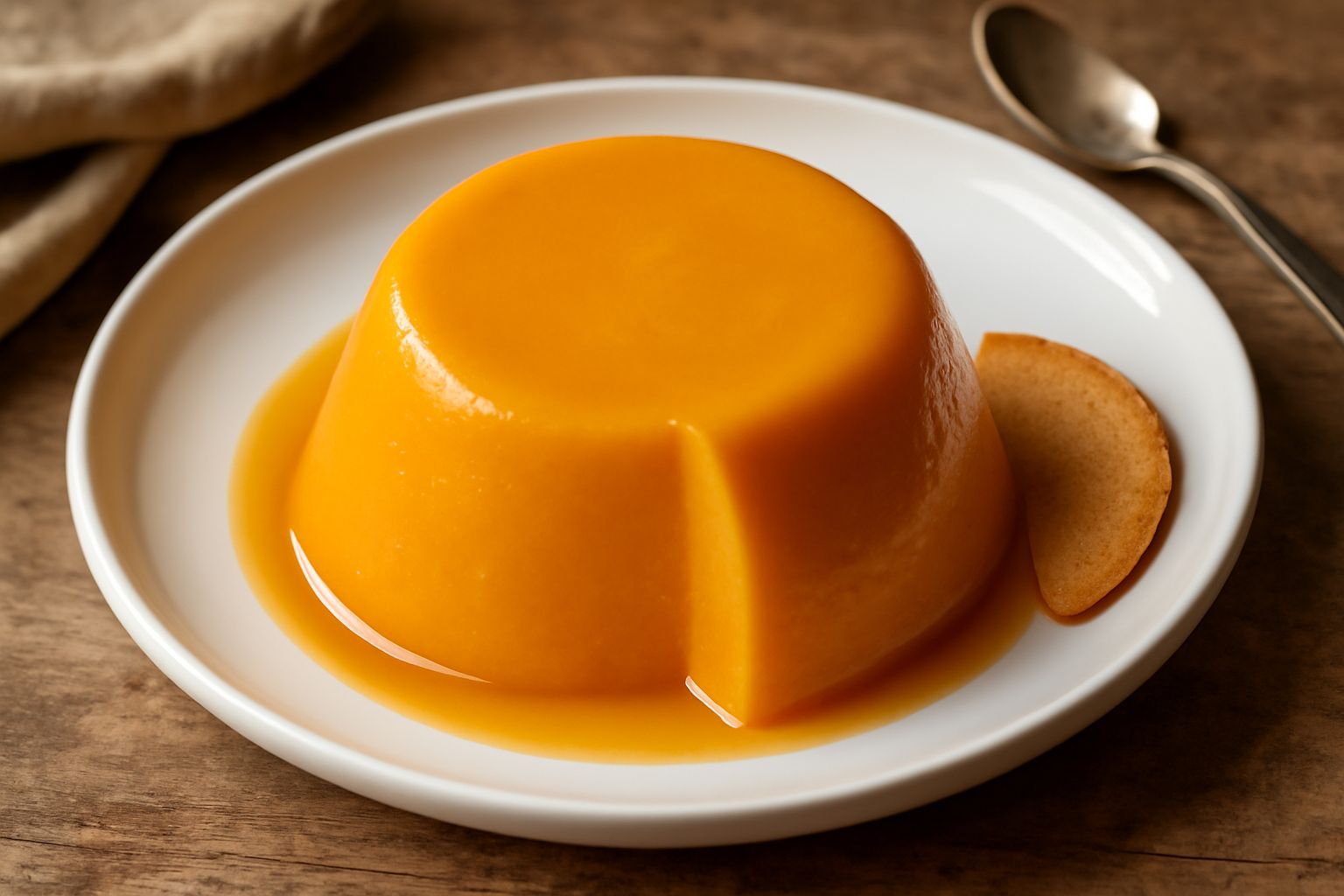 Dolce di zucca dorato in piatto bianco, superficie liscia e cremosa, guarnito con una spolverata di cannella e una fogliolina di menta fresca, contorno di zucca arrostita leggera sullo sfondo sfocato