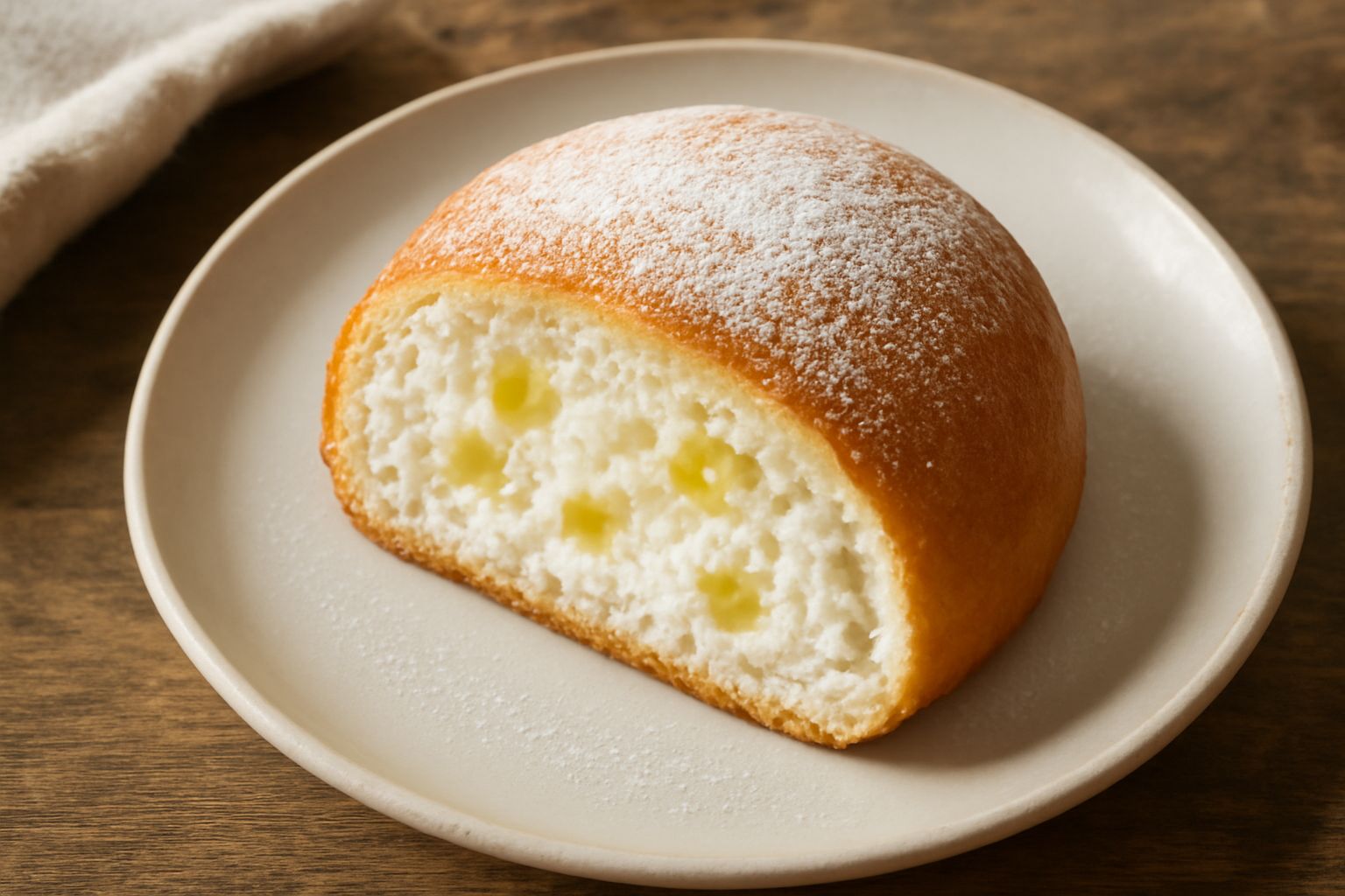 Un dolce rotondo dorato in primo piano, tagliato a spicchi, che mostra il ripieno bianco di ricotta con puntini di cedro candito. Servito su un piatto bianco, spolverato di zucchero a velo.