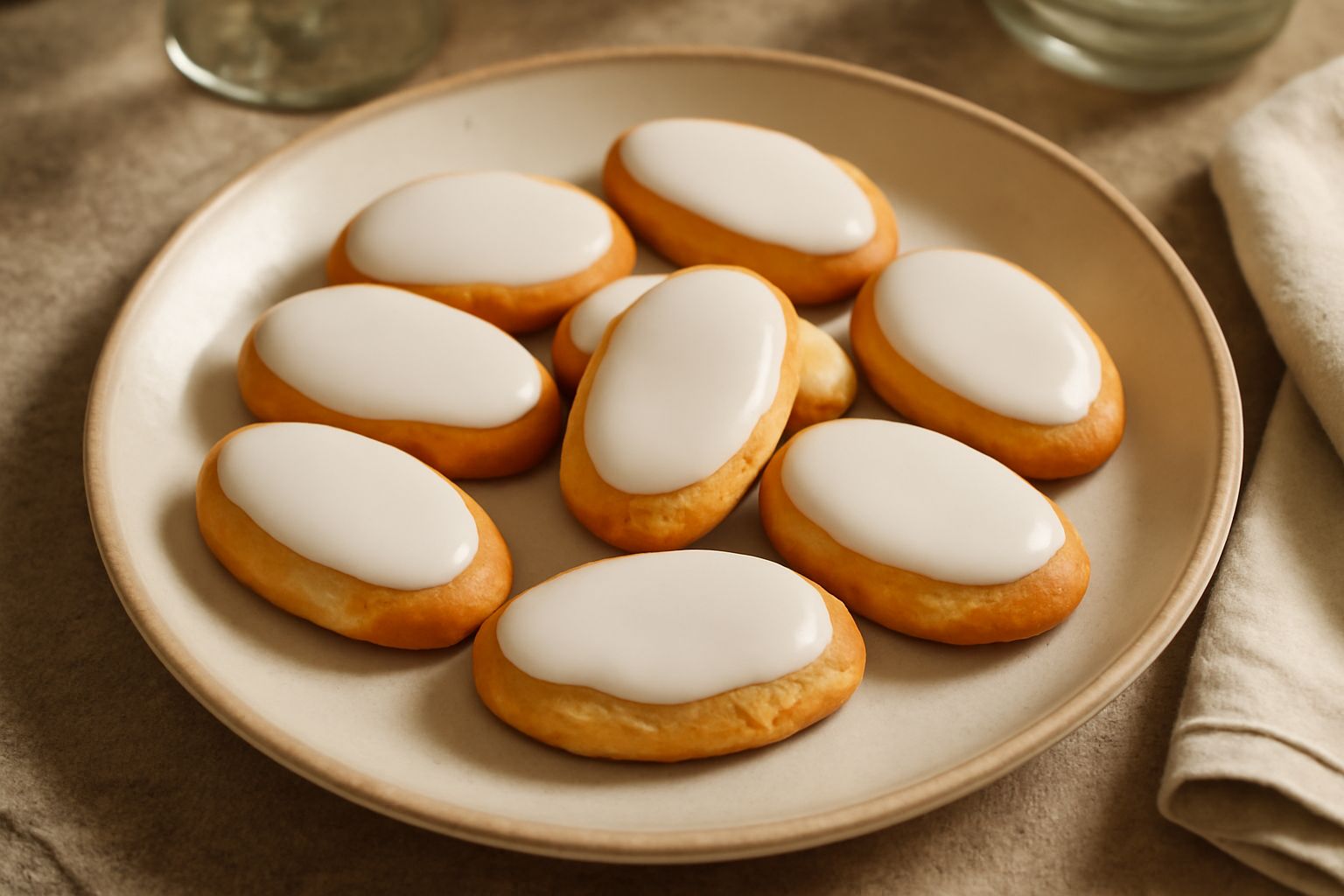 Circa venti dolcetti al bergamotto di colore dorato disposti su un piatto bianco, di forma ovale leggermente bombata, con una sottile glassa bianca sulla sommità e vapore tenue che sale dalla loro sup