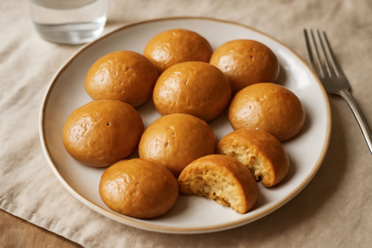 Dolcetti al miele rotondi e dorati disposti su un piatto bianco, con lato superiore lucido e caratteristico screpolato, guarniti da una goccia di miele trasparente al centro, accanto a una ciotola di 