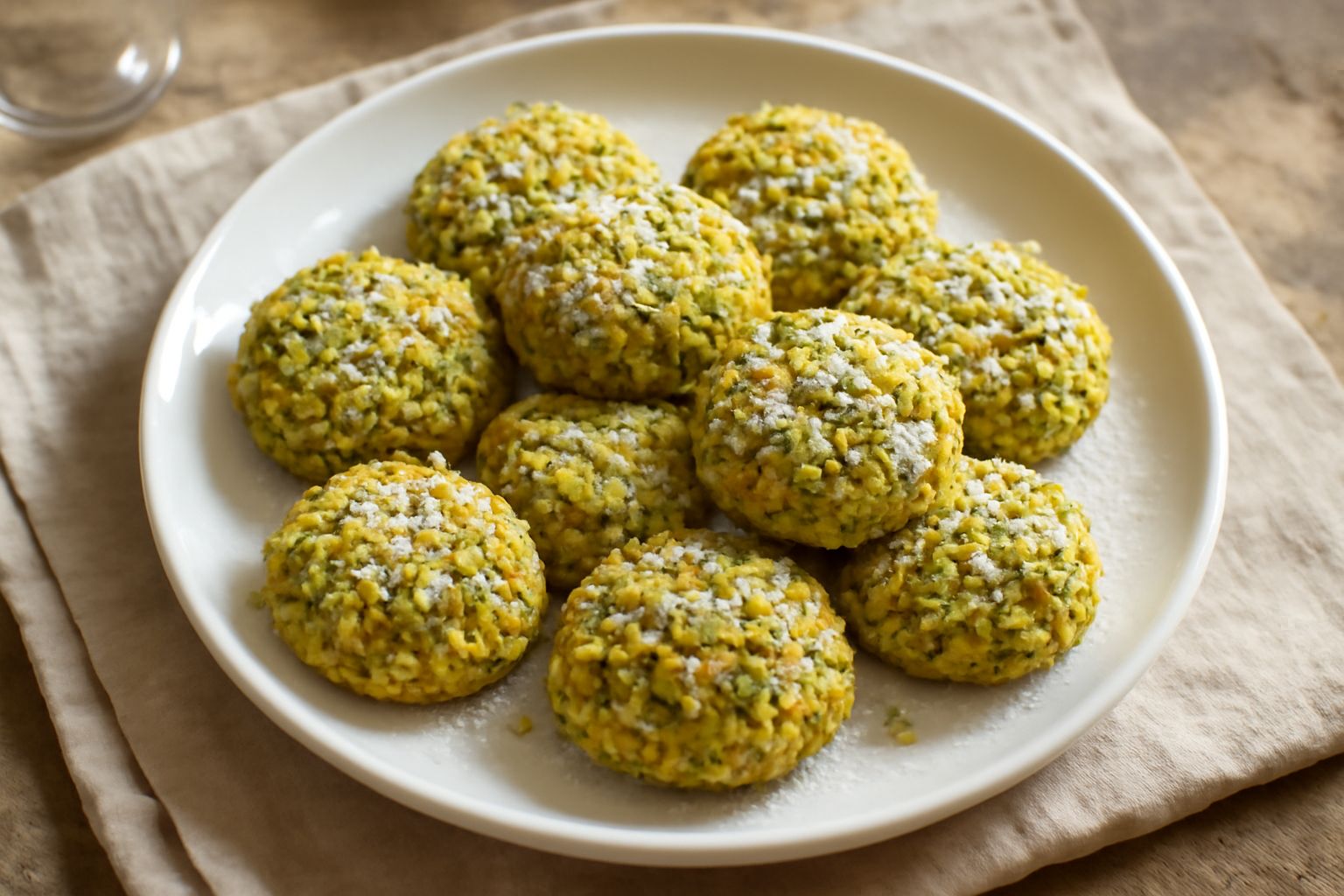 Una dozzina di dolcetti tondi al pistacchio disposti su un piatto bianco, ricoperti di granella verde brillante e zucchero a velo, con un bicchiere di latte caldo sullo sfondo