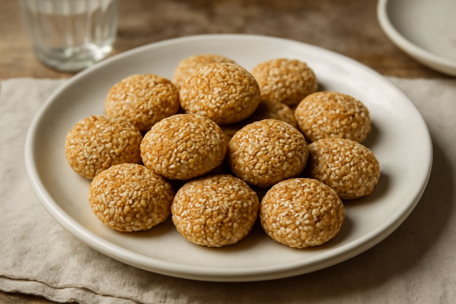Dolcetti al sesamo di forma tonda e allungata, ricoperti di semi dorati che brillano, disposti su un piatto bianco con uno strato di semi sparsi accanto