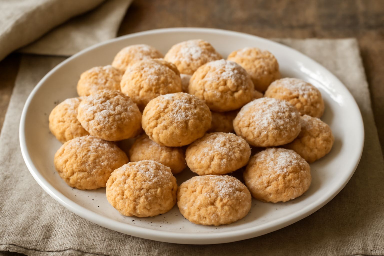 Dolcetti all'amaretto dorati e croccanti disposti su carta da forno bianca, ricoperti da una leggera spolvrata di zucchero a velo, con un'amara mandorla intera al centro di alcuni biscotti