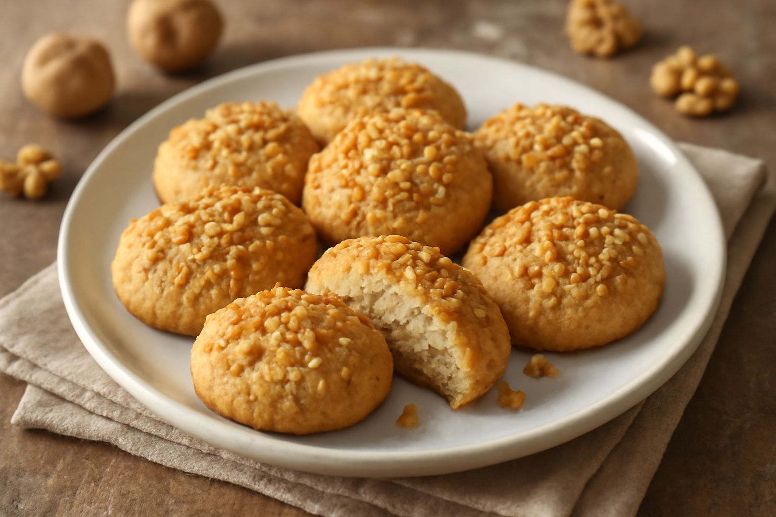 Circa dieci dolcetti alle noci dorati e croccanti disposti su un piatto bianco, con frammenti visibili di noce sulla superficie, sfondo neutro