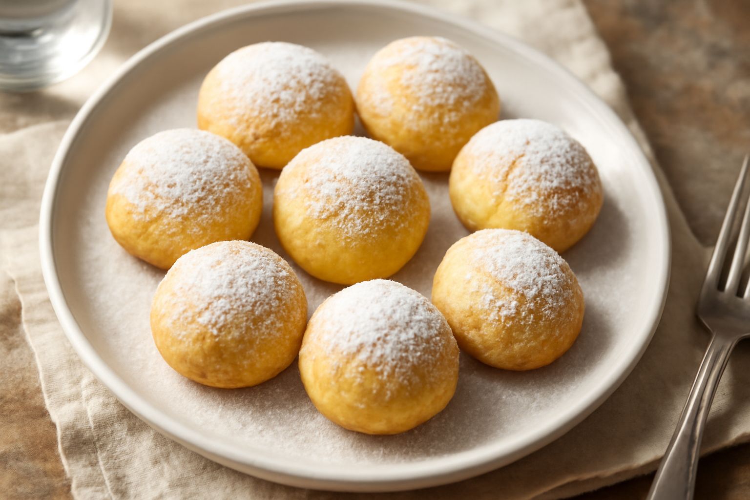 Una dozzina di dolcetti tondi di pasta biscottata color avorio con sfumature dorate, disposti su piatto di porcellana bianca, spolverati di zucchero a velo, con tre scorze di bergamotta fresca accanto