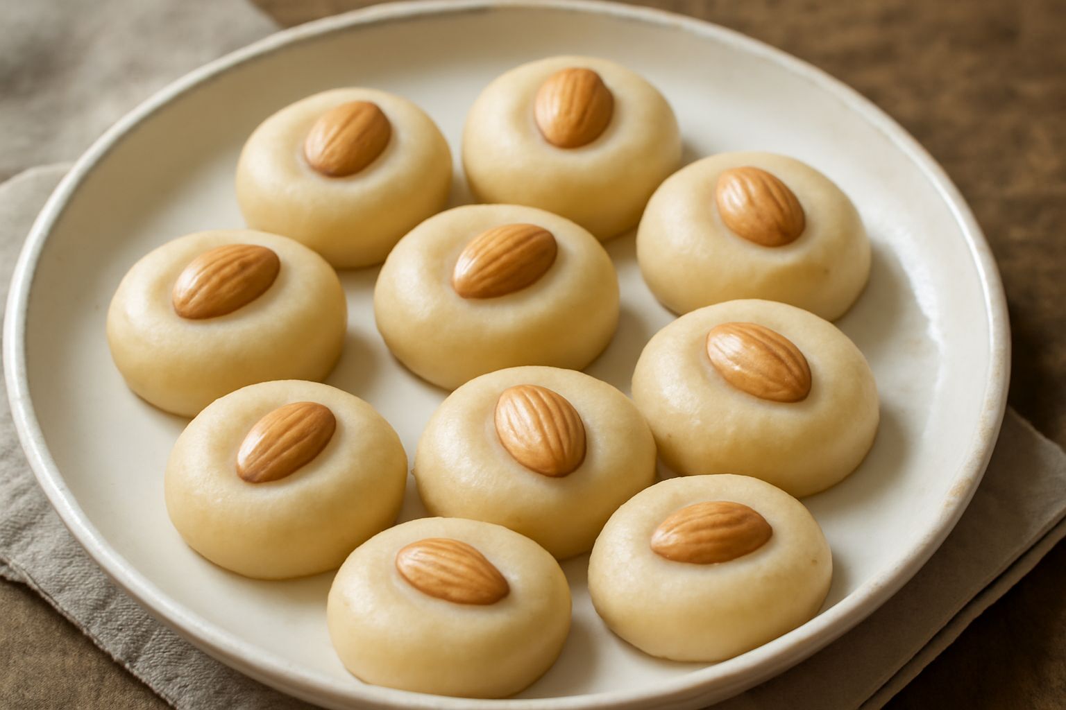 Dolcetti tondi di pasta di mandorla disposti su un piatto bianco, con superficie liscia color beige chiaro e un leggero gloss, guarniti con una mandorla intera al centro e dusted di zucchero a velo