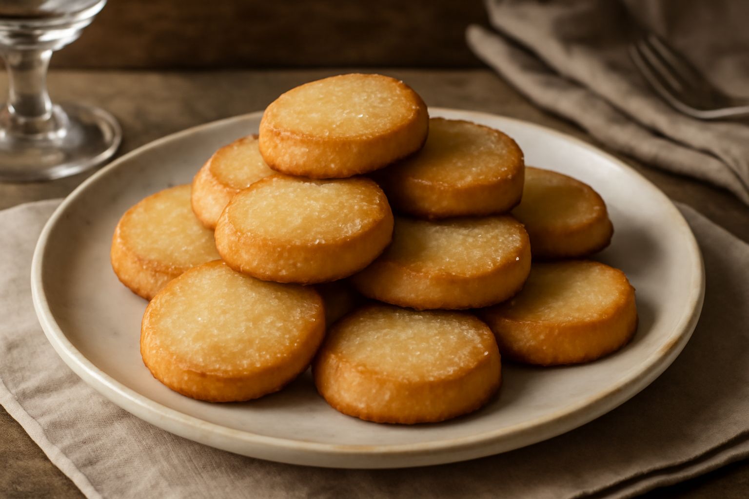 Dolcetti di pasta frolla tondi e dorati disposti su un piatto di ceramica bianca, con bordi leggermente più scuri, accanto a una tazza di caffè nero e alcuni cucchiai di zucchero semolato sparse intor