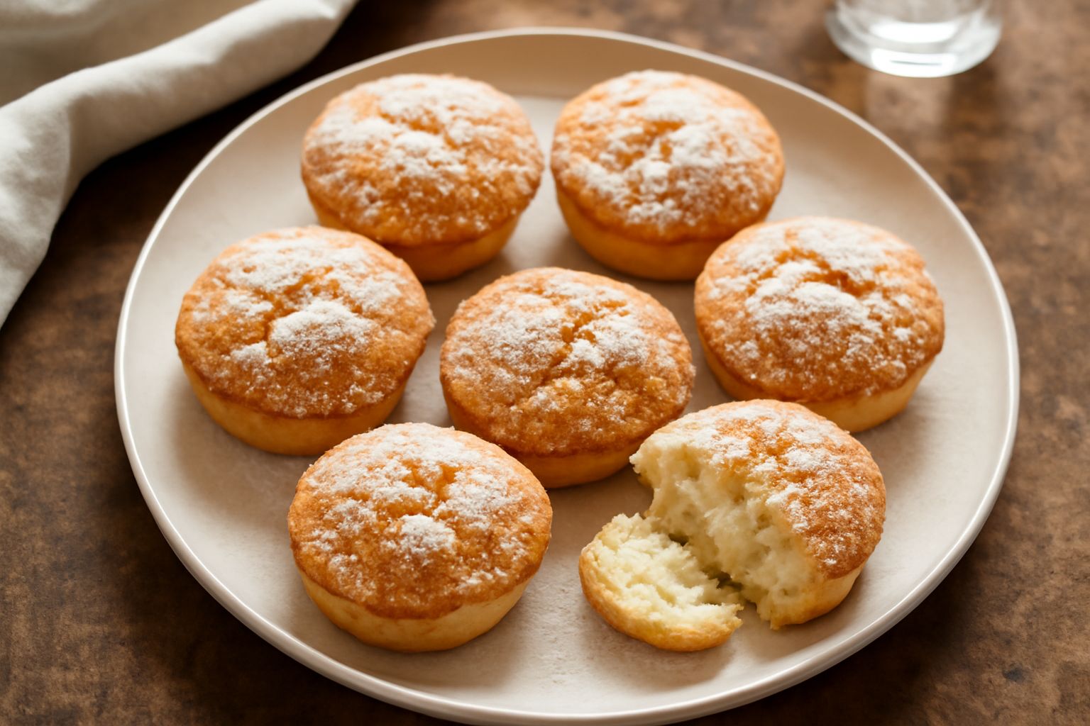 Dolcetti di ricotta dorati e tondeggianti disposti su un piatto bianco, polverizzati di zucchero a velo, con sfondo neutro