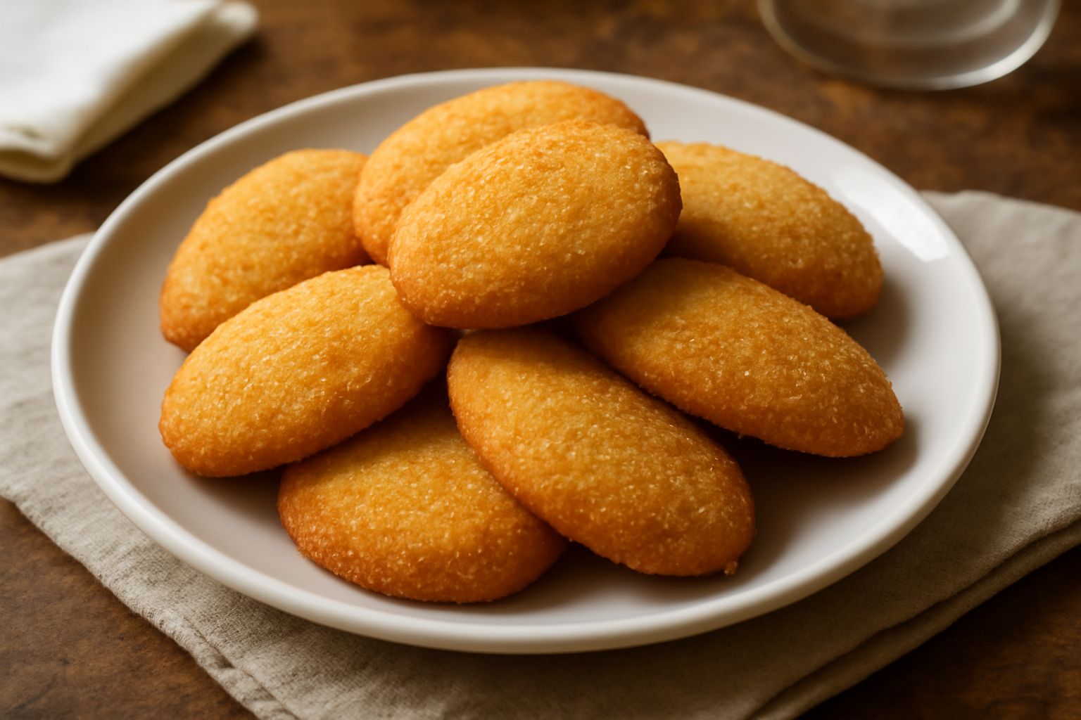 Dolcetti di semola disposti su un piatto bianco, tonalità dorate e croccanti, forma ovale con superficie rugosa e granulosa, caffè sfocato sullo sfondo