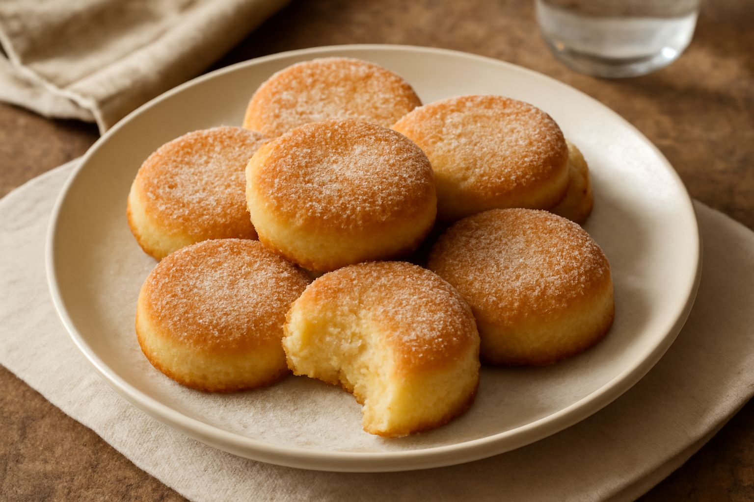 Dolcetti di semolino dorati e soffici disposti su una carta forno bianca, alcuni ancora tiepidi con zucchero semolato cristallizzato in superficie, sfondo neutro chiaro