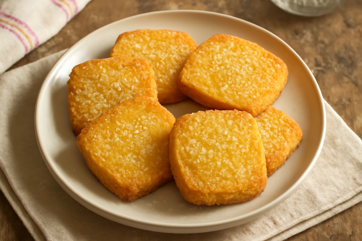 Dolcetti di polenta tondi e dorati su un piatto bianco, superficie croccante visibile, spolverate di zucchero semolato grosso, in forno sullo sfondo