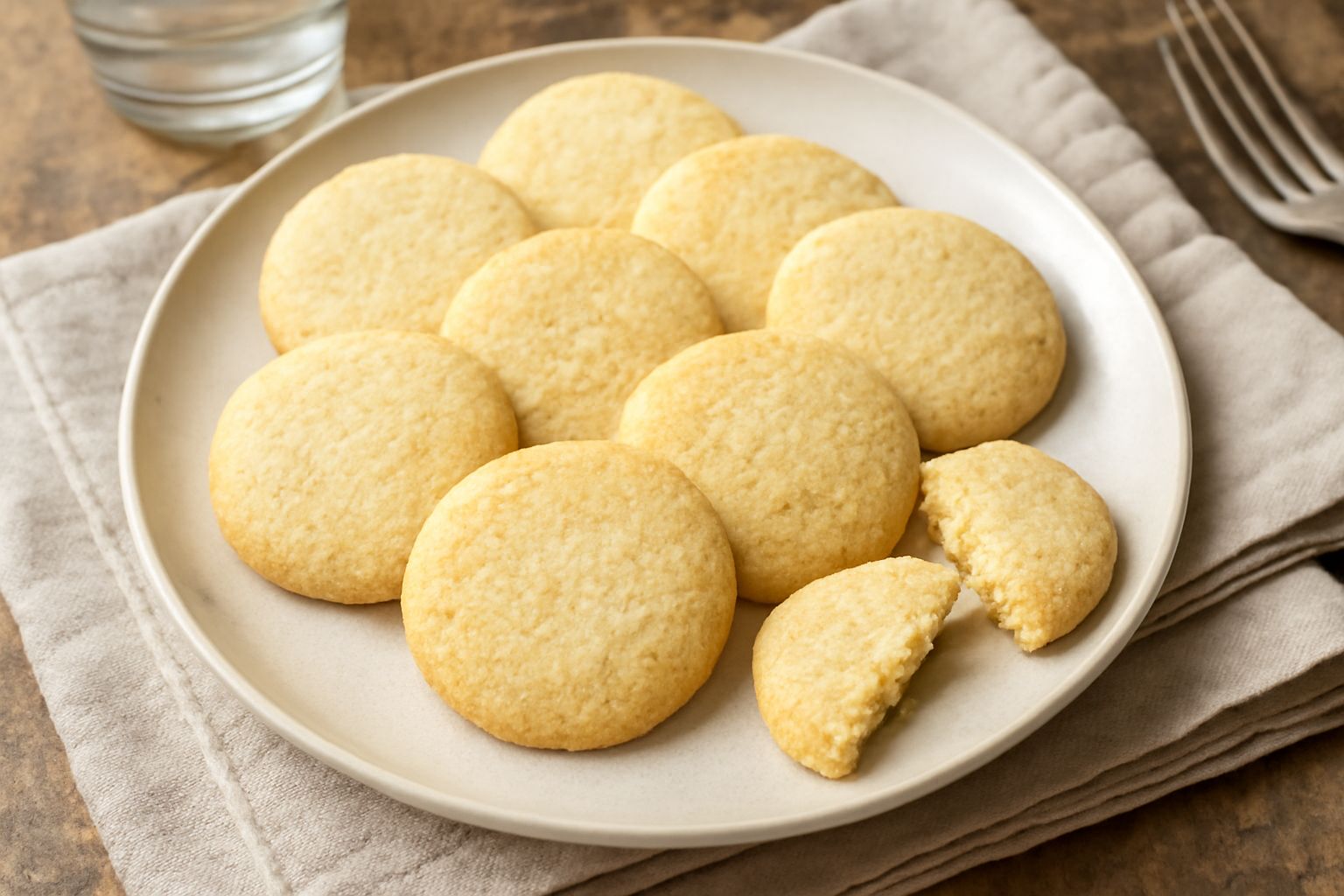 Dolcetti di semola dorati disposti a piramide su piatto bianco, di forma rotonda leggermente schiacciata, superficie granulosa e liscia, accompagnati da una tazza di tè