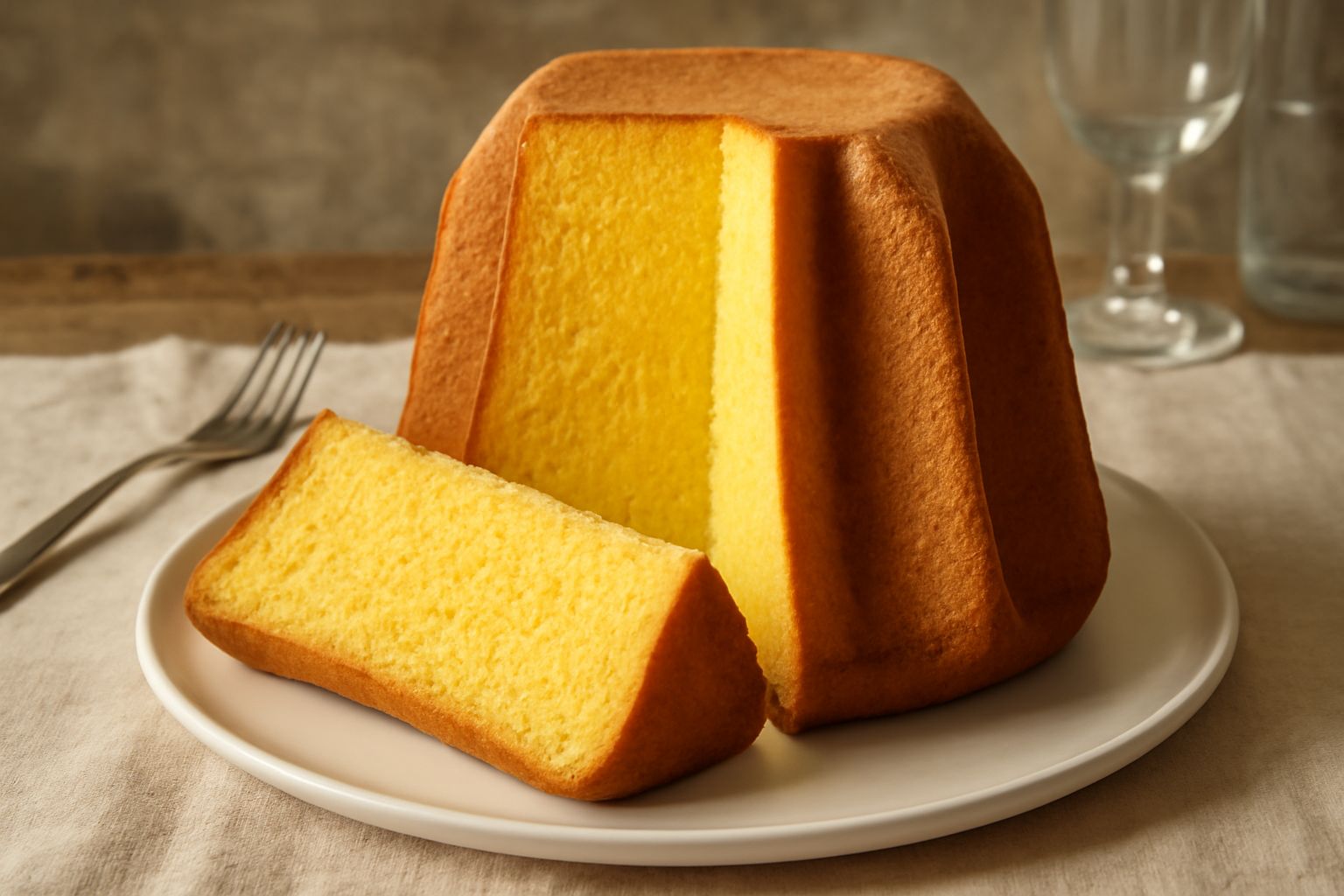 Pandoro caldo appena sfornato su piatto bianco, spolverato di zucchero a velo, con sezione trasversale che mostra la mollica gialla pallido e gli alveoli regolari, accanto a fette dorate con burro fus