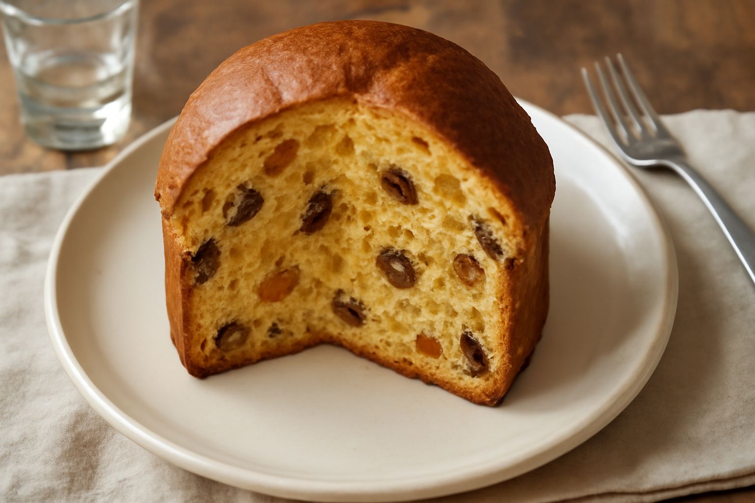 Panettone dorato con punta arrotondata, affettato per mostrare l'interno giallo paglia con pezzi visibili di frutta candita arancione, uvetta scura e castagne spezzate. Servito su piatto bianco con un
