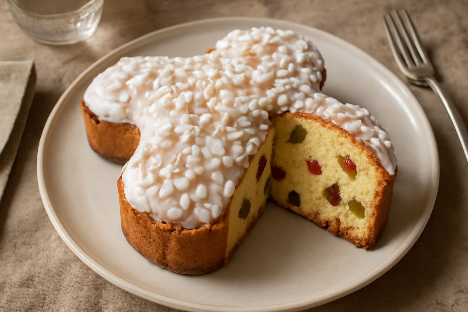 Colomba pasquale intera su piatto bianco, forma di colomba ben definita, glassa bianca lucida in superficie, granella di zucchero visibile, canditi rossi e verdi sparsi in rilievo sulla parte superior