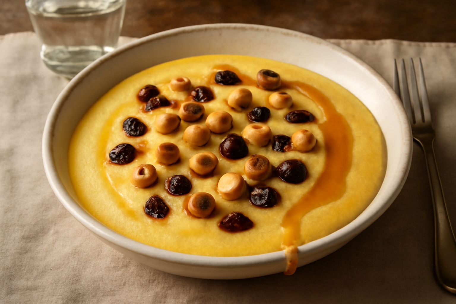 Ciotola di polenta dolce giallo oro, cremosa e liscia, guarnita con nocciole intere tostate e un filo di miele ambrato, vapore ancora visibile in superficie