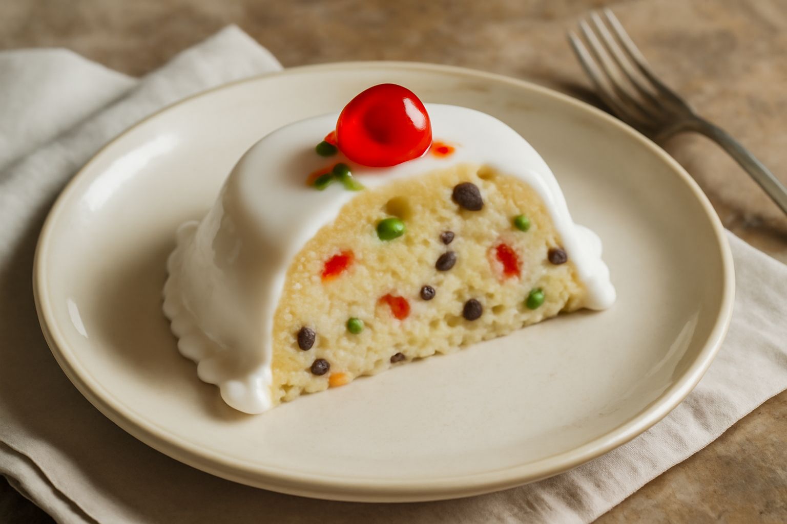 Una cassata di ricotta intera coperta di glassa reale bianca, tagliata a fette che mostrano l'interno cremoso color bianco-giallo con canditi colorati rossi e verdi sparsi nella ricotta