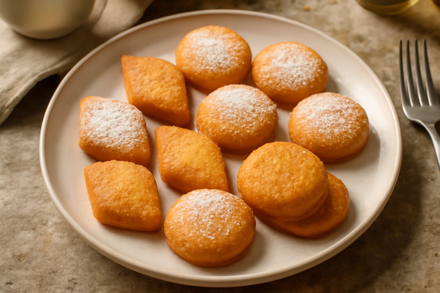 Dolcetti di semola dorati a forma di losanga disposti su piatto bianco, spolverati di zucchero a velo, con un sottofondo di miele e un ramo di menta fresca