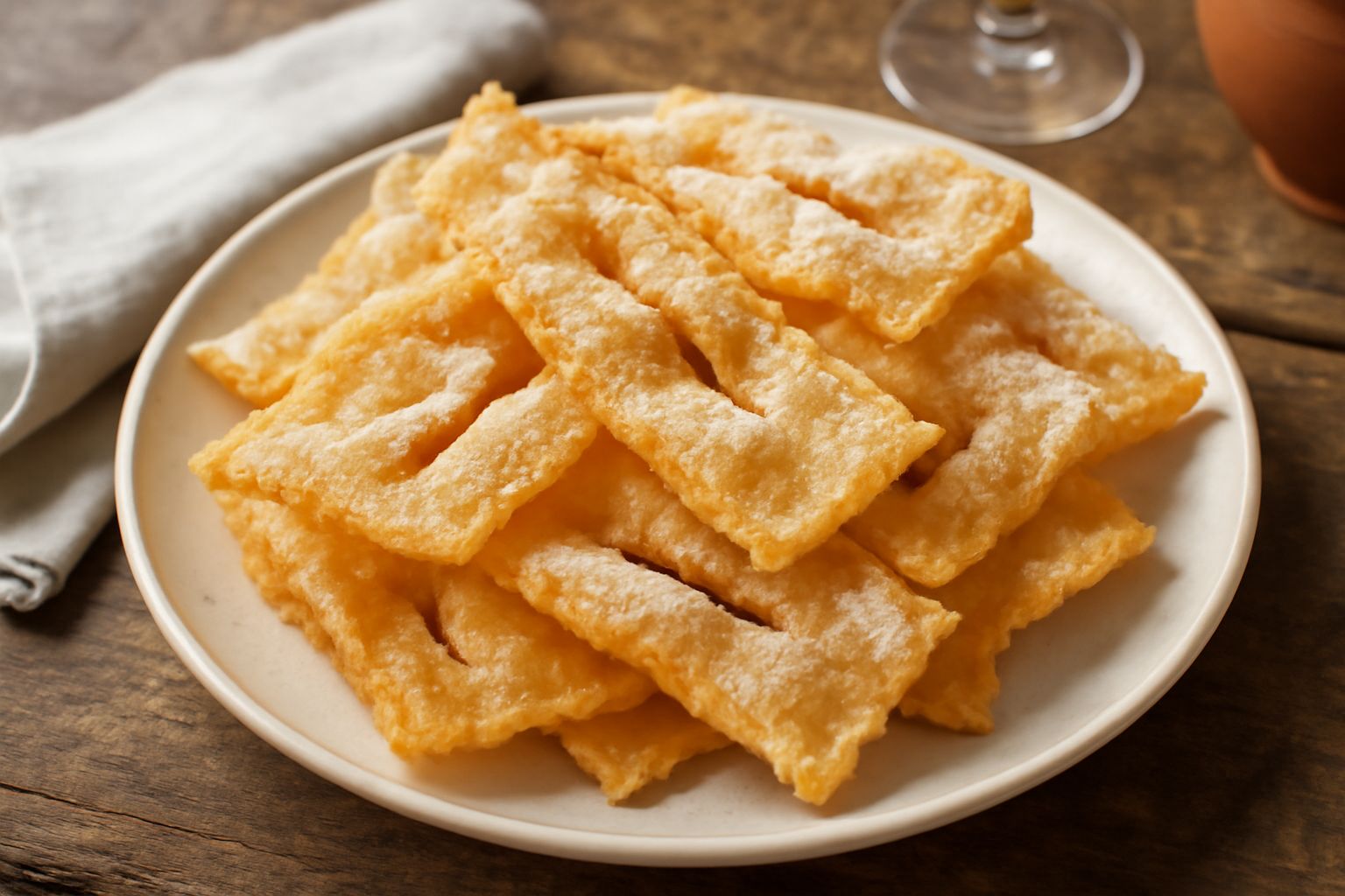 Chiacchiere dorate e fragranti disposte su un piatto bianco, cosparse di zucchero a velo, con forme irregolari e trasparenti sulla superficie superiore