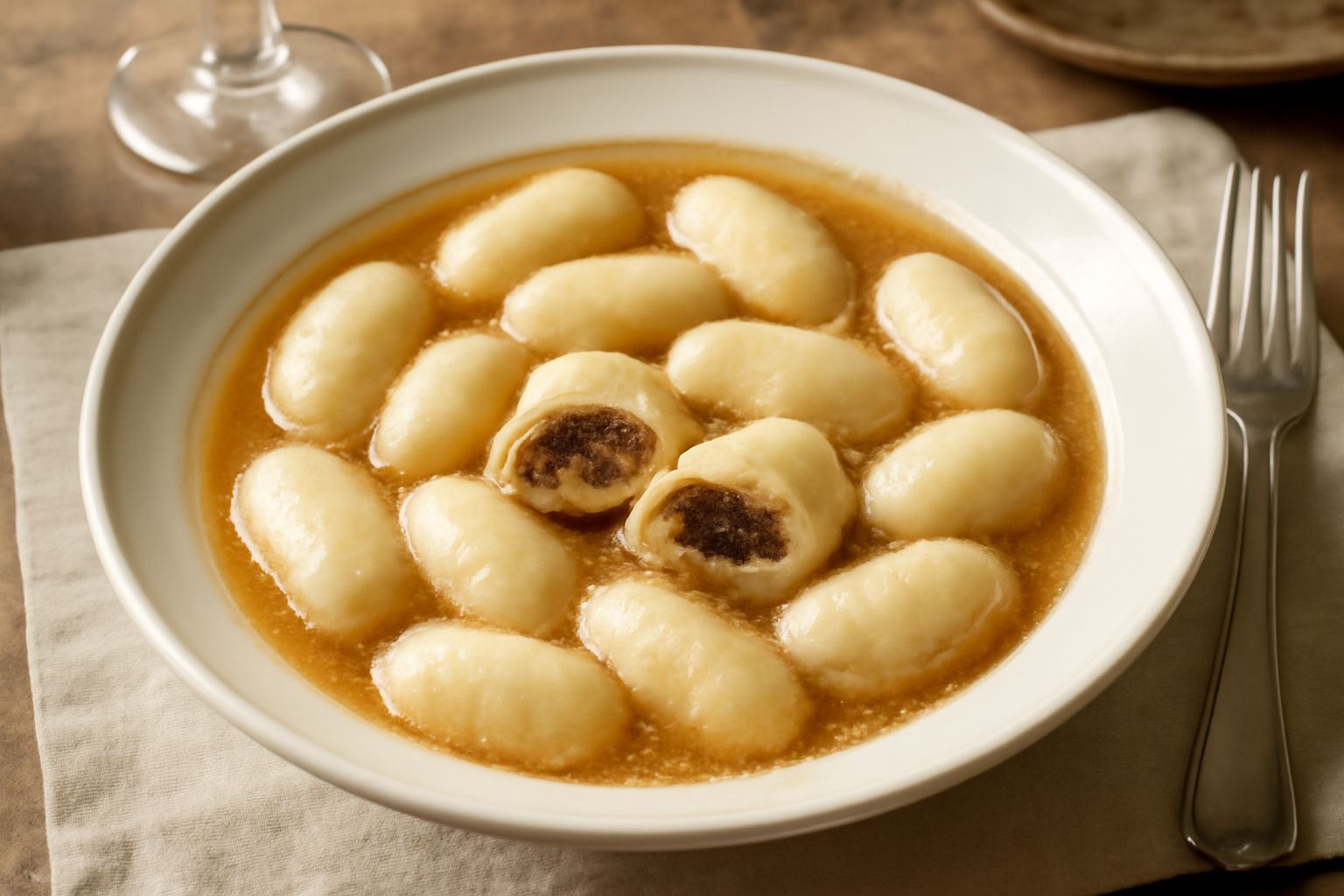Donzelle mantovane in un piatto fondo di ceramica bianca, coperte da brodo caldo leggermente dorato, con qualche goccia di burro fuso e una spolverata di parmigiano grattugiato, contorno di prezzemolo