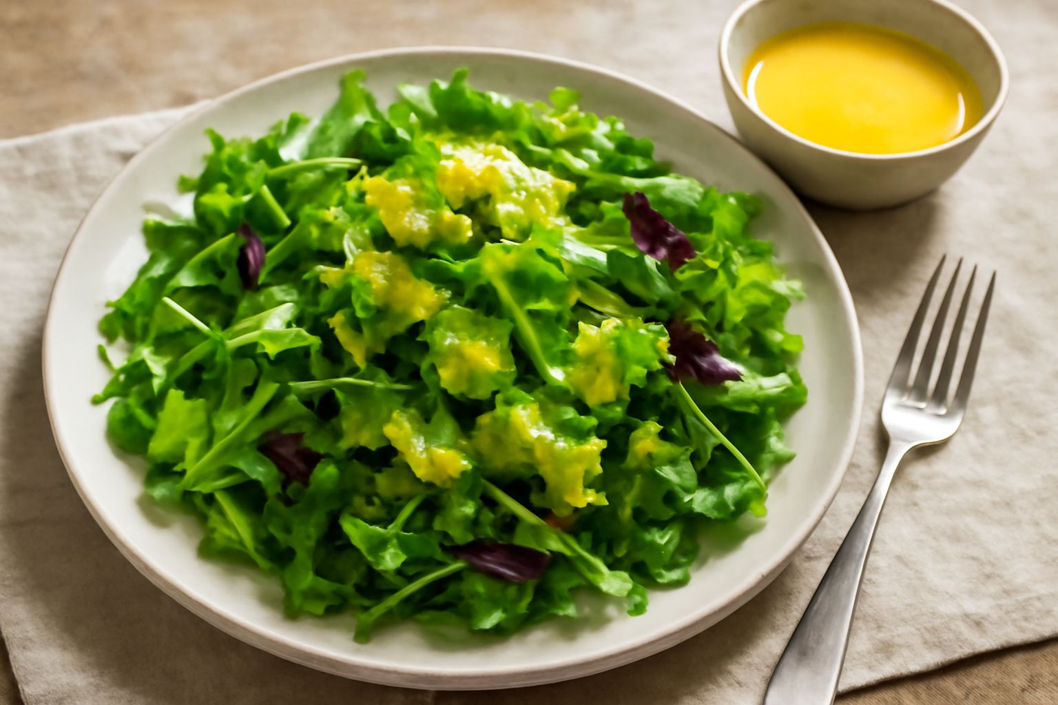 Dressing al limone in una ciotola di ceramica bianca, giallo paglierino brillante, con accanto mezzo limone fresco e foglie di prezzemolo verde, su tavolo di marmo bianco