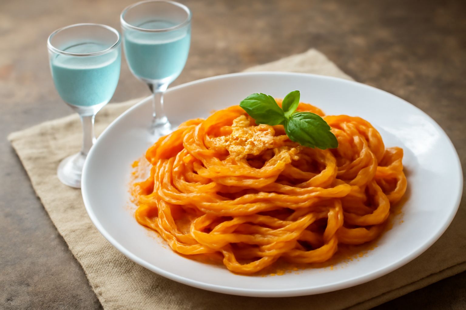 Un calice di cristallo con eau de vie di mirtillo trasparente e limpida, con sfumatura leggermente violacea, accanto a un mucchietto di mirtilli blu scuro su una superficie in legno chiaro