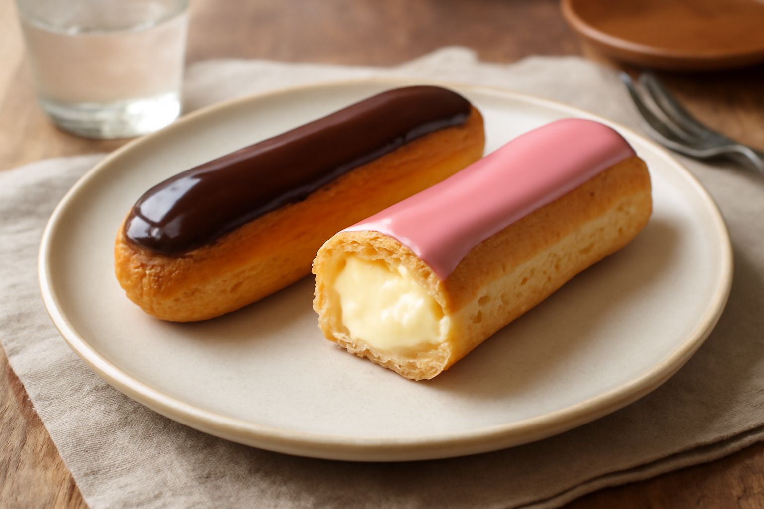 Tre éclair al cioccolato allineati su un piatto bianco, ricoperti da glassa marrone lucida, con superficie leggermente screpolata e dorata, rilleno di crema visibile da una piccola fessura laterale