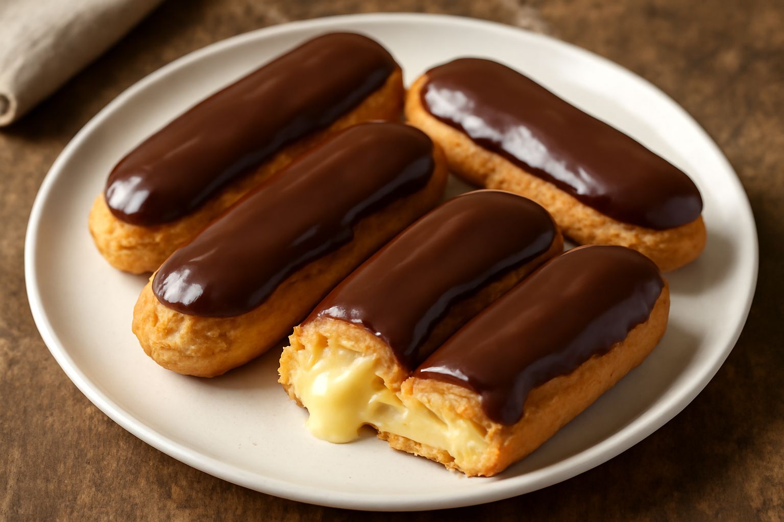 Una dozzina di éclairs al cioccolato disposti su piatto bianco, coperti da glassa marrone lucida, con crema che fuoriesce leggermente dai lati, sfondo neutro