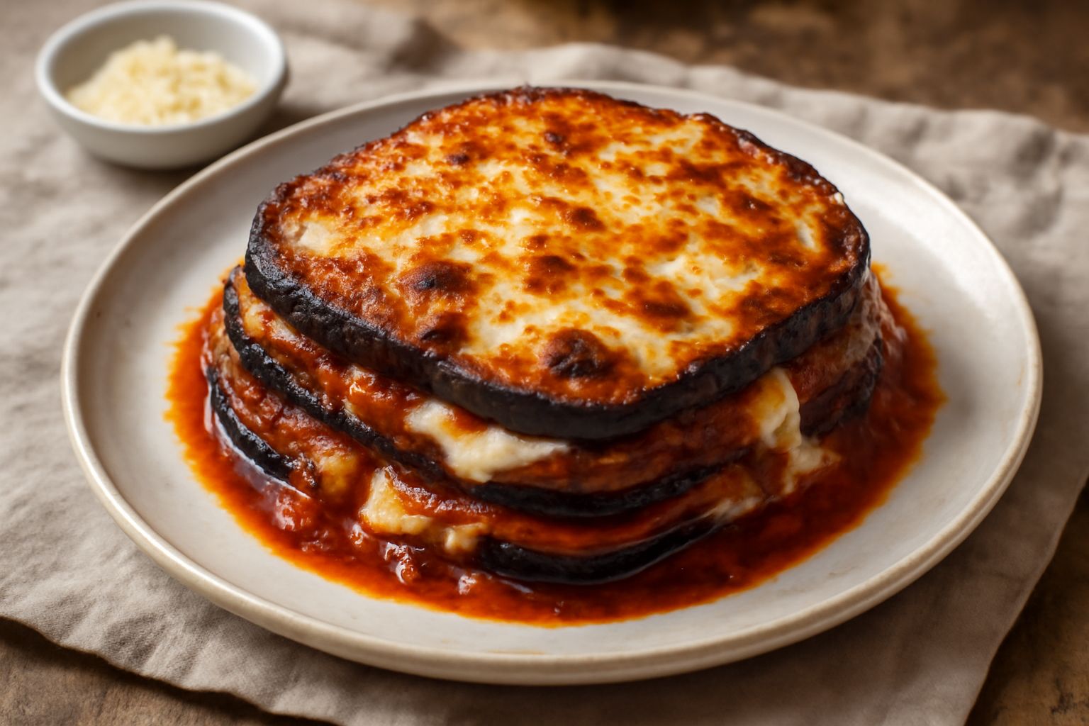 Melanzane alla parmigiana appena sfornata, con superficie dorata e filante di mozzarella grattugiata, strati di melanzana viola scuro visibili dal lato, pezzetti di mozzarella bianca e pomodoro rosso 