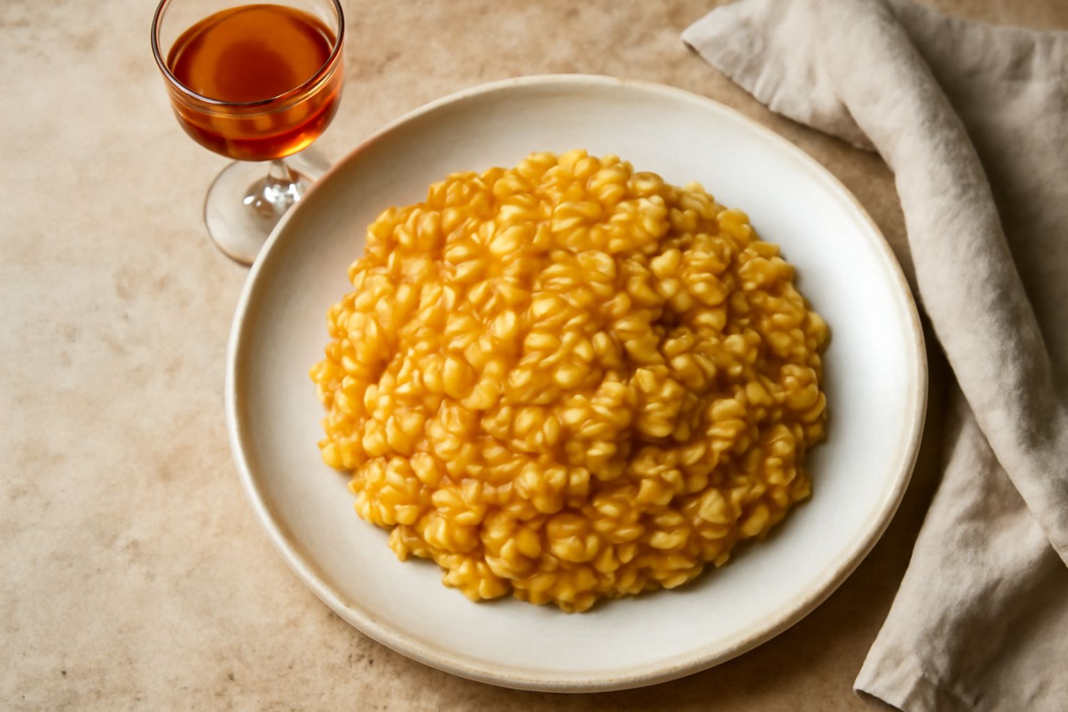 Bottiglia di vetro trasparente con liquore ambrato, circondata da erbe secche aromatiche, anice stellato e bastoncini di cannella su fondo di legno scuro
