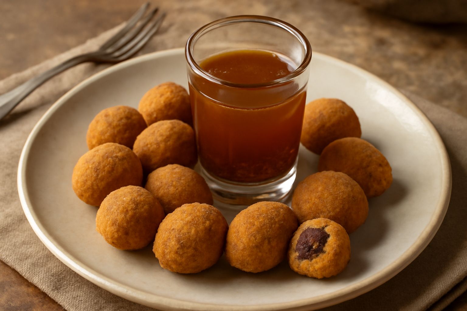 Bicchierino di cristallo con Elisir di Ascoli dal colore ambrato intenso, su fondo di legno scuro, accanto a alcune olive ascolane ripiene crude