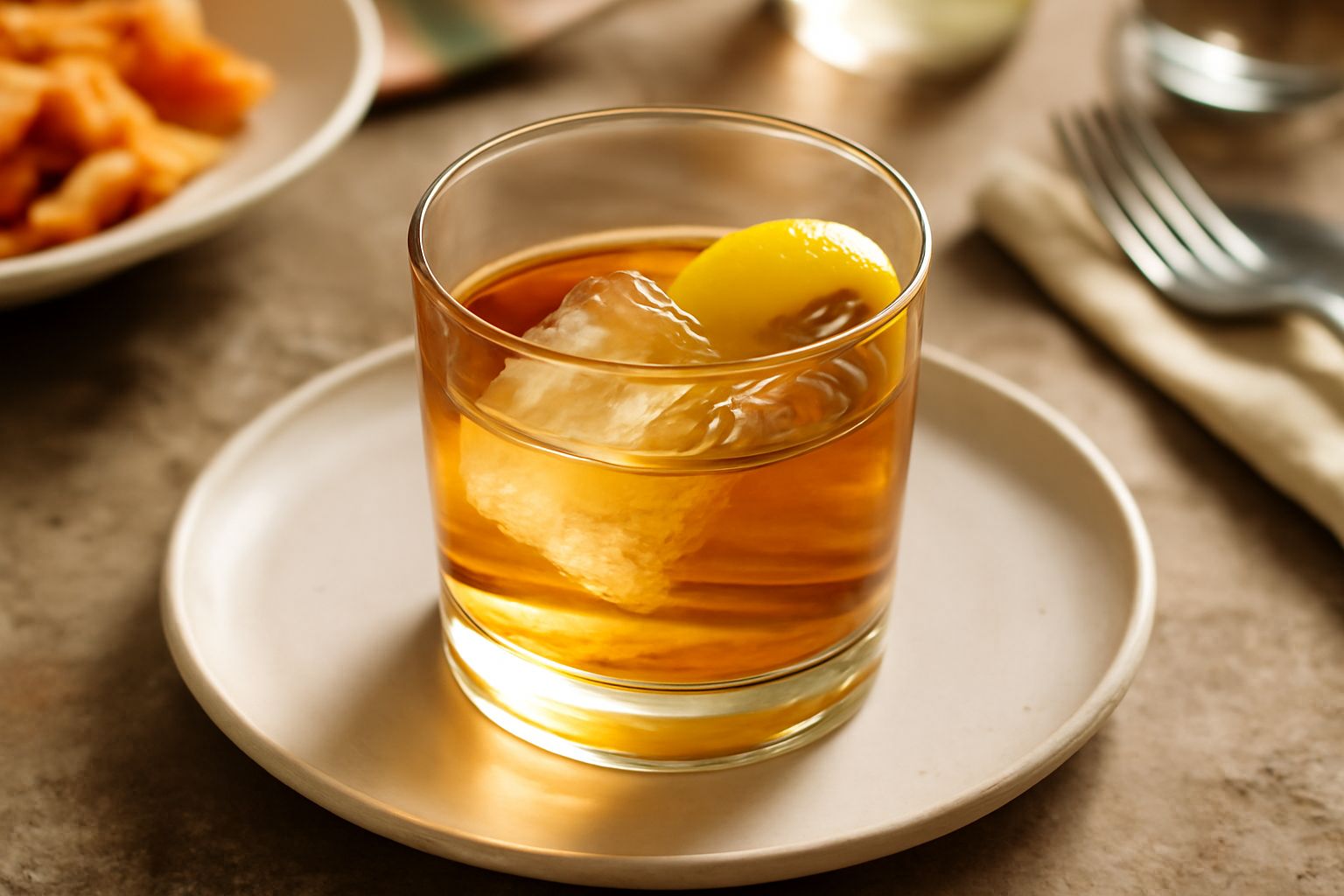 Bicchiere da martini con cocktail color ambrato trasparente, guarnito con una scorza di limone gialla, ghiaccio visibile, sfondo neutro chiaro