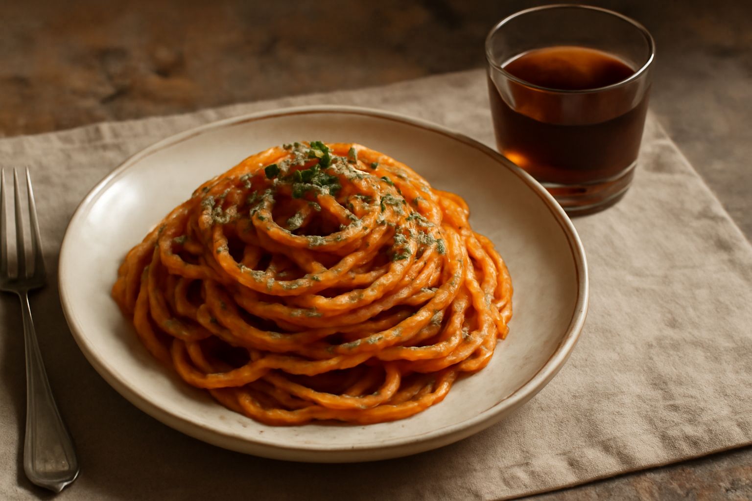 Bicchiere piccolo con elisir di china reggiano di colore ambrato scuro, servito a temperatura ambiente, con una sottile patina di schiuma in superficie e sfondo di tavolo in legno