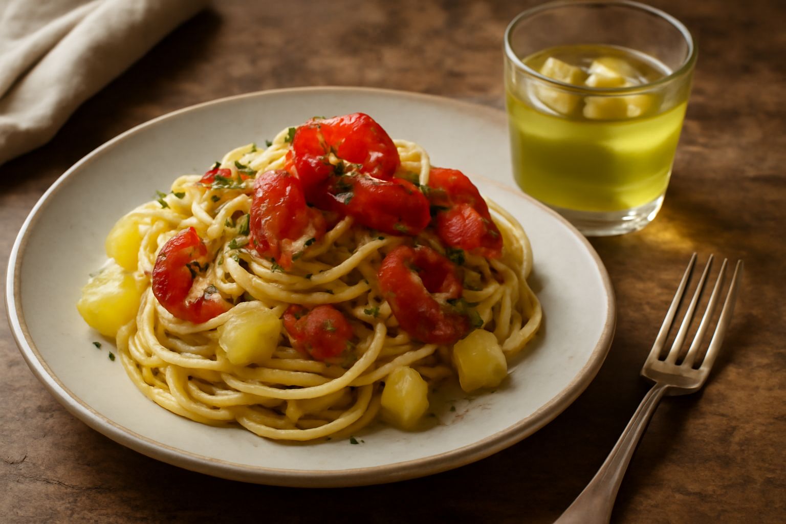 Bicchiere di cristallo con liquore trasparente e verdastro, servito freddo con cubetti di ghiaccio, su sfondo montano con rami di erbe aromatiche fresche a lato