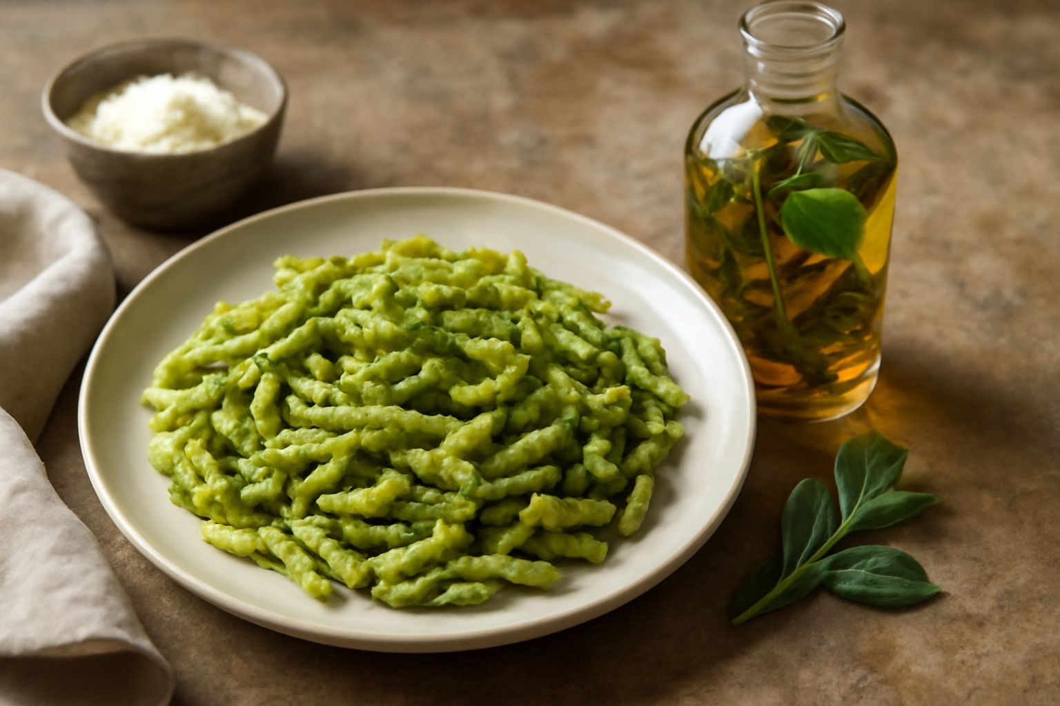 Bottiglia di vetro scuro contenente liquore ambrato trasparente con erbe aromatiche visibili dentro, accanto a foglie fresche di basilico, salvia e rosmarino su piano di legno naturale