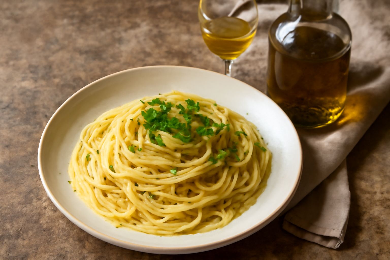 Bicchiere di cristallo riempito di liquido dorato trasparente con riflessi ambrati, accompagnato da rametti freschi di melissa verde con foglie intatte e gocce di rugiada, su un piatto di ceramica bia