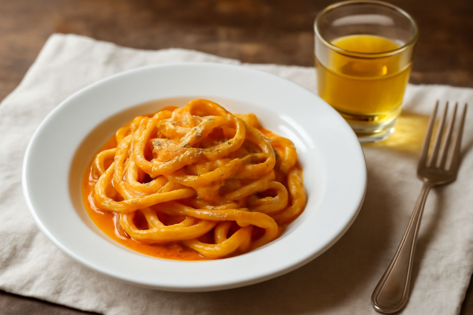 Bicchiere di cristallo con liquore giallo ambrato trasparente, accanto a una bottiglia scura di vetro, con un rametto di melissa fresca e una stella di anice sul tavolo di marmo bianco