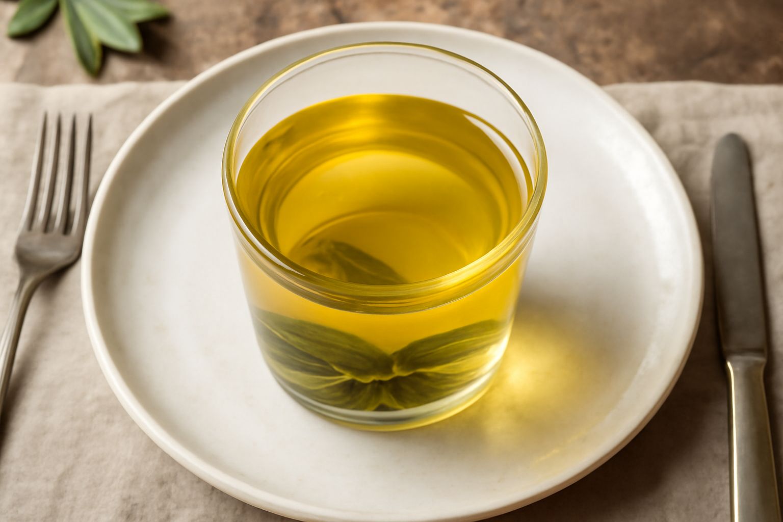 Un bicchiere trasparente contiene un infuso giallo-verdastro di elisir di salvia, con foglie di salvia fresca e una fettina di limone appoggiata sul bordo, su uno sfondo di legno chiaro