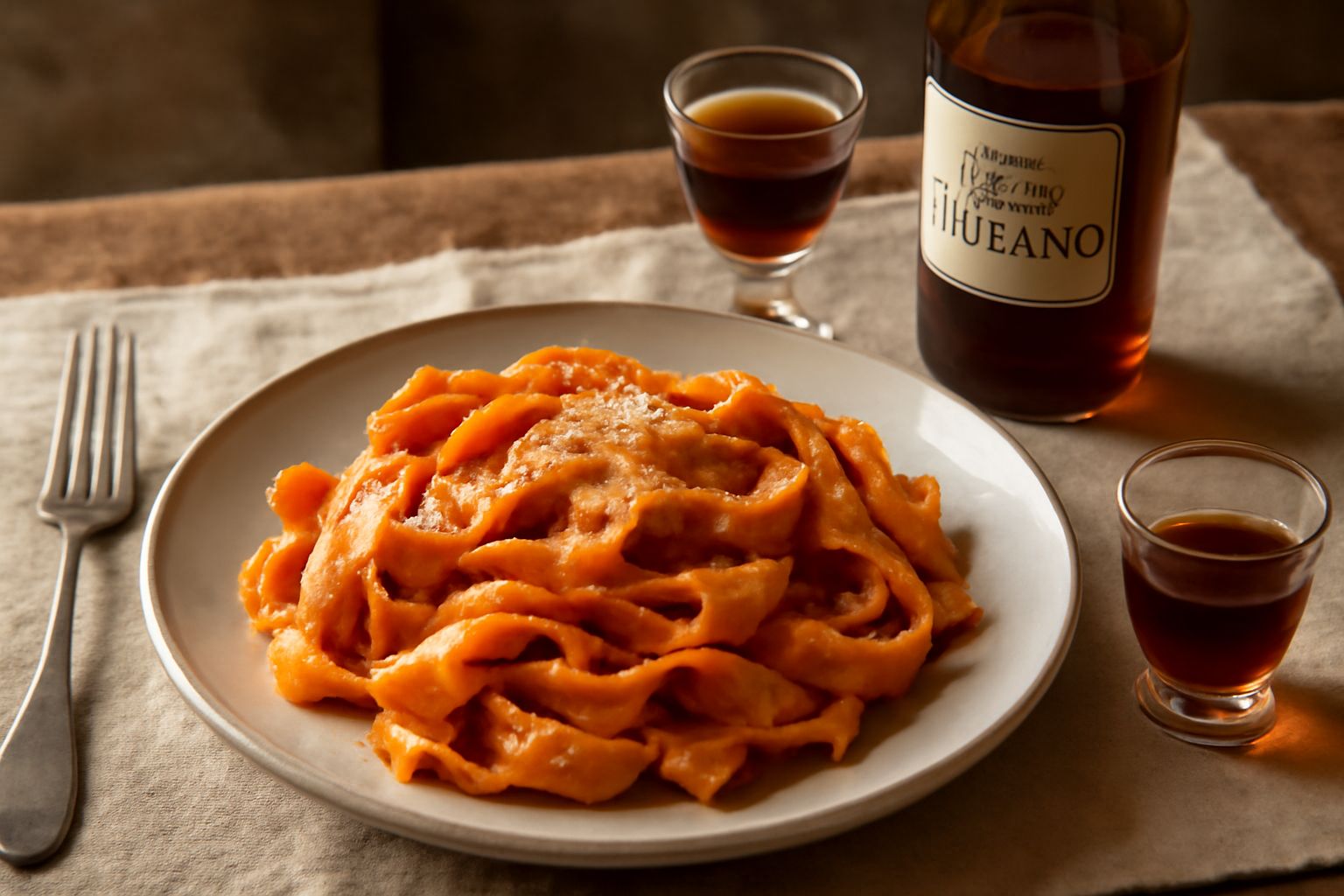Bicchiere basso con liquore amaro color ambra scuro, una bottiglia di vetro marrone in sottofondo, foglie di assenzio e radici secche accanto, tavolo di legno scuro